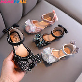 2022. g. Jaunas meiteņu kurpes Bērnu snieguma apavi Sequins Rhinestone Princess ar tauriņmezglu plakaniem apaviem Studentu deju sandales