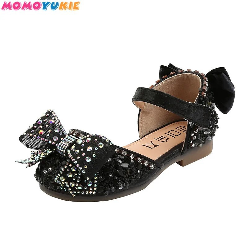 2022. g. Jaunas meiteņu kurpes Bērnu snieguma apavi Sequins Rhinestone Princess ar tauriņmezglu plakaniem apaviem Studentu deju sandales