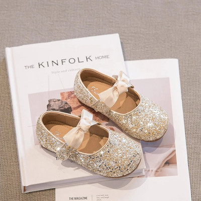 Meiteņu kāzu apavi Sudraba Bling Mary Janes Zelta flitera auduma Princeses Apavi Bērnu Dzīvokļi Bērniem Bērnu deju šovs Ballīte 418L