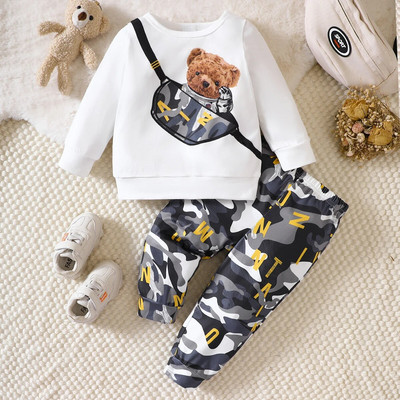 Pavasara un rudens zēniem apaļa kakla soma ar garām piedurknēm plecu soma ar augšpusi kausētas bikses Modes silti un brīvi pieguļoši komplekti mazuļiem