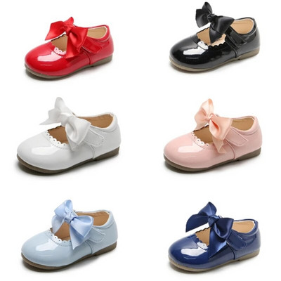 Най-новите пролетни есенни модни лачени обувки за момичета с голям лък принцеса Мери Джейнс Парти обувки Едноцветни студентски обувки с равни обувки