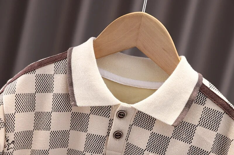 Mazuļu zēnu dizaineru apģērbi Pavasara rudens rūtaini nolaižami apkakles T-krekli Topi un bikses Zēnu sporta tērpi Ziemassvētku tērps bērniem