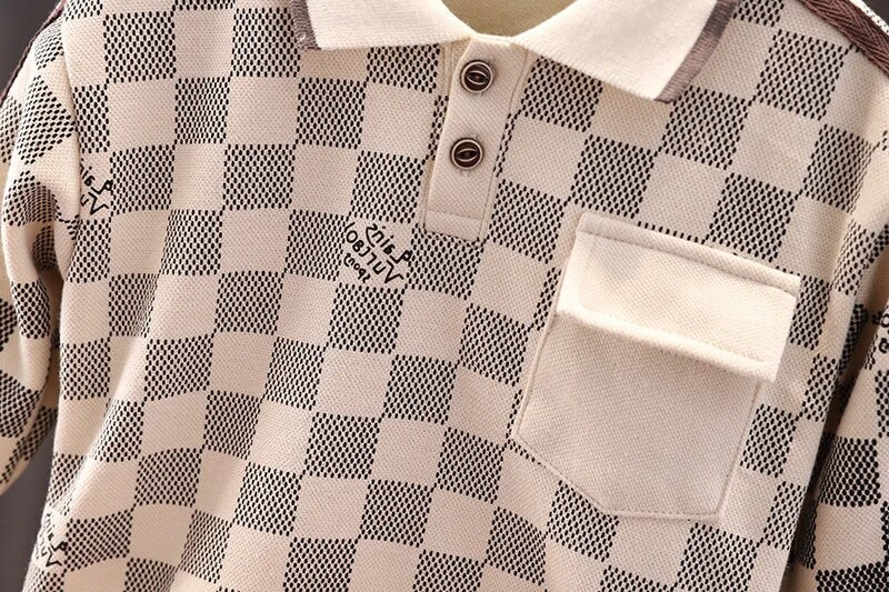 Mazuļu zēnu dizaineru apģērbi Pavasara rudens rūtaini nolaižami apkakles T-krekli Topi un bikses Zēnu sporta tērpi Ziemassvētku tērps bērniem