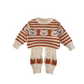 7608 Бебешки плетен костюм 2023 Есен Зима Нов раиран костюм за момче Плетен пуловер + панталон Ежедневен костюм за момиче от две части