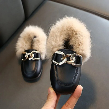 Детски кожени обувки Детски кадифени обувки Бебешки момичета Топли равни обувки Прохождащи черни маркови обувки Princess Loafer Мокасини с верига за зимата