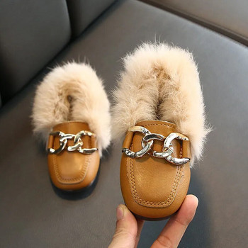 Детски кожени обувки Детски кадифени обувки Бебешки момичета Топли равни обувки Прохождащи черни маркови обувки Princess Loafer Мокасини с верига за зимата