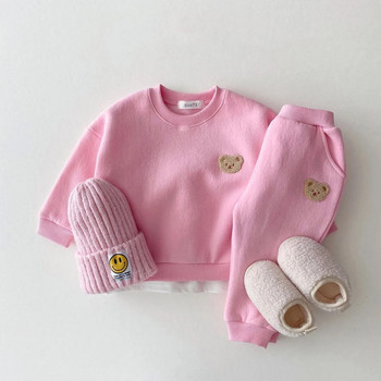 Корейски зимен топъл кадифен комплект за новородено Малко мече Спортен пуловер Топ+панталон Комплект от две части с вълнена подплата Дрехи
