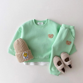 Корейски зимен топъл кадифен комплект за новородено Малко мече Спортен пуловер Топ+панталон Комплект от две части с вълнена подплата Дрехи