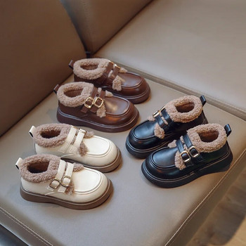 Παιδικά δερμάτινα παπούτσια 2023 Χειμερινά βρετανικά παπούτσια με χοντρή σόλα για κορίτσια Λούτρινα σχολικά casual loafers Ζεστά παχιά βαμβακερά παπούτσια