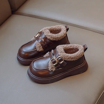 Детски кожени обувки 2023 Зимни британски стил Обувки за момичета с дебела подметка Плюшени училищни ежедневни мокасини Топли дебели памучни обувки