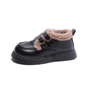 Детски кожени обувки 2023 Зимни британски стил Обувки за момичета с дебела подметка Плюшени училищни ежедневни мокасини Топли дебели памучни обувки