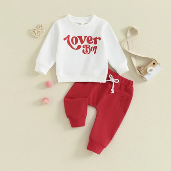 2023-10-19 Lioraitiin 0-3Y Бебе момче Облекла за Свети Валентин Ризи с дълги ръкави Суичър с щампа на букви с комплект червени панталони