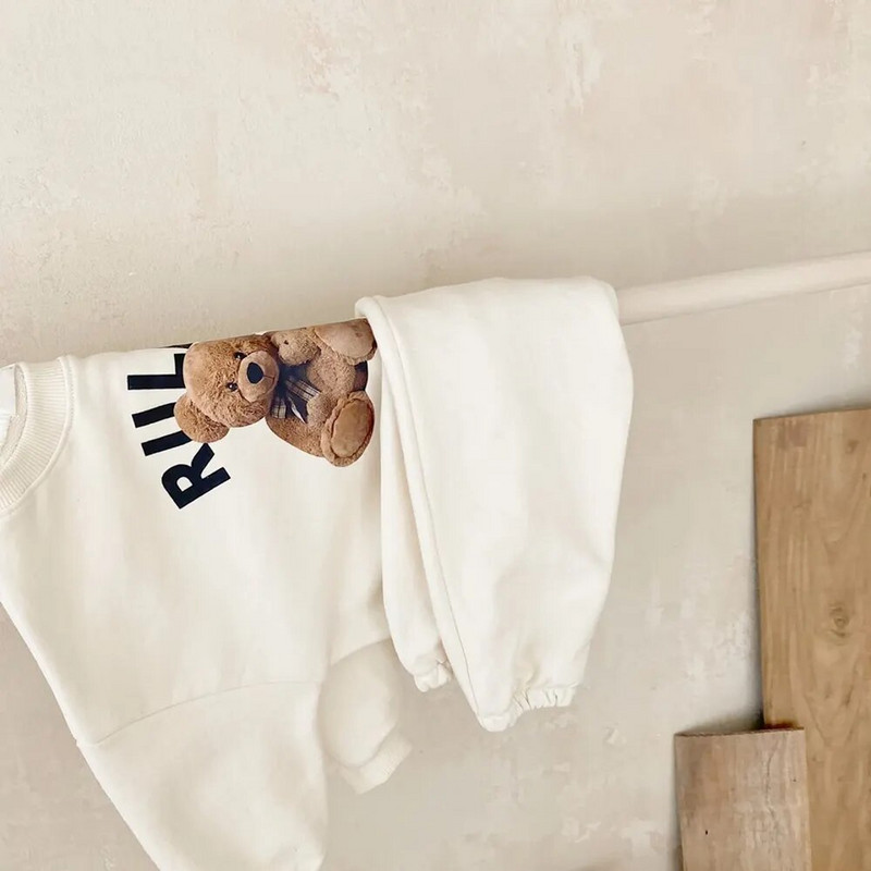 Bērnu apģērbi 2023. gada jauns bērnu lāču komplekts ar garām piedurknēm zēnu un meiteņu džemperi un bikses, divdaļīgs vienkāršs sporta apģērbs