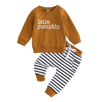 Set de haine pentru copii mici și băieți cu imprimeu cu litere ținute toamnă iarnă cu mânecă lungă pulover Topuri pantaloni lungi cu dungi 2 buc. haine de Halloween
