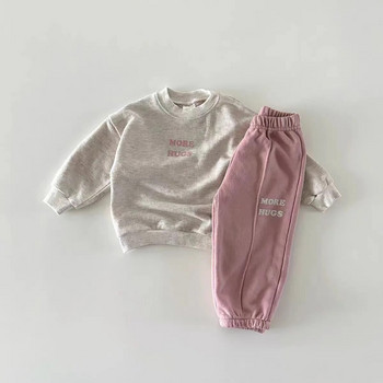 Есен 2023 Нов бебешки комплект дрехи с дълъг ръкав Момче Момиче Суичър с щампа на букви + Панталон 2 бр. Костюм Ежедневни екипи за бебета и малки деца