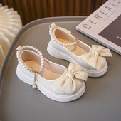 Pantofi din piele neagră la modă pentru copii cu fundă cu lanț de perle Fată drăguță Mary Janes 2023 Nou copii pantofi versatili pentru petrecere de nuntă