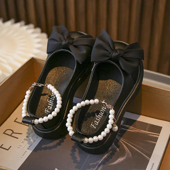 Детски модерни черни кожени обувки с панделка с перлена верижка Сладко момиче Mary Janes 2023 г. Нови детски универсални обувки за сватбено парти