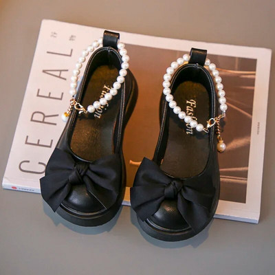 Pantofi din piele neagră la modă pentru copii cu fundă cu lanț de perle Fată drăguță Mary Janes 2023 Nou copii pantofi versatili pentru petrecere de nuntă