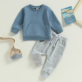 Ikdienas jauni mazuļu zēnu meiteņu rudens tērpi treniņtērps, izšuvums, kabata, garām piedurknēm, sporta krekli + garas bikses, 2 gab. bērnu apģērbu komplekts