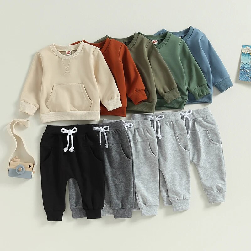 Ikdienas jauni mazuļu zēnu meiteņu rudens tērpi treniņtērps, izšuvums, kabata, garām piedurknēm, sporta krekli + garas bikses, 2 gab. bērnu apģērbu komplekts