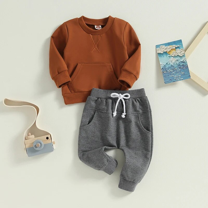 Ikdienas jauni mazuļu zēnu meiteņu rudens tērpi treniņtērps, izšuvums, kabata, garām piedurknēm, sporta krekli + garas bikses, 2 gab. bērnu apģērbu komplekts