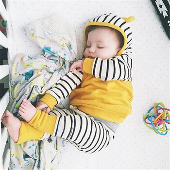 0-24M Комплект дрехи за новородени бебета Момчета Жълти качулки за момчета с дълъг ръкав Суичър Горнища Комплект дълги панталони на райета Дрехи за момчета