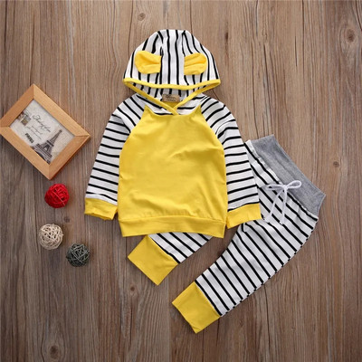 0-24M újszülött kisfiú ruhakészlet sárga hosszú ujjú fiú pulóverek pulóver felsők csíkos hosszú nadrág szett kisfiú ruházat