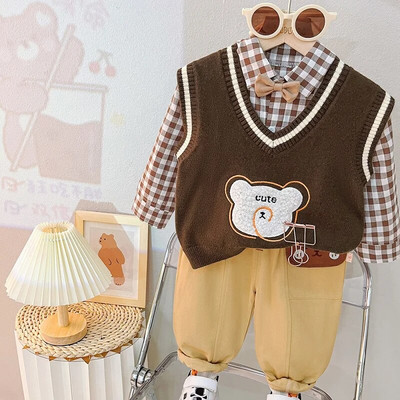 0-4 metų rudens ir žiemos naujos mados vaikiški drabužiai kūdikių mados raidžių komplektas berniukų ir mergaičių liemenė trijų dalių s