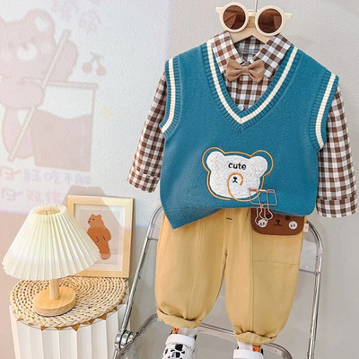 0-4 metų rudens ir žiemos naujos mados vaikiški drabužiai kūdikių mados raidžių komplektas berniukų ir mergaičių liemenė trijų dalių s