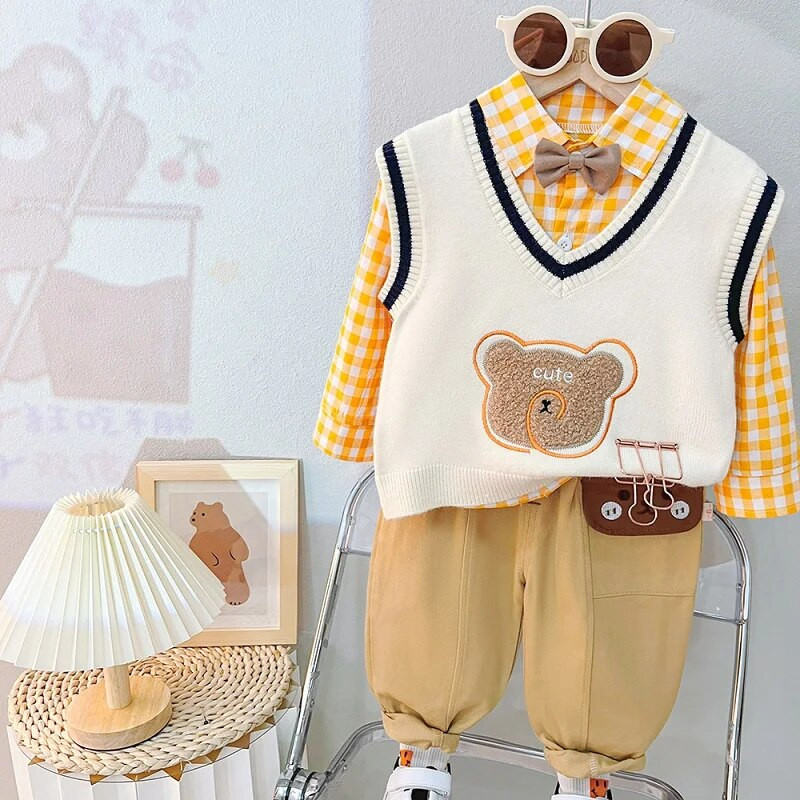 0-4 metų rudens ir žiemos naujos mados vaikiški drabužiai kūdikių mados raidžių komplektas berniukų ir mergaičių liemenė trijų dalių s