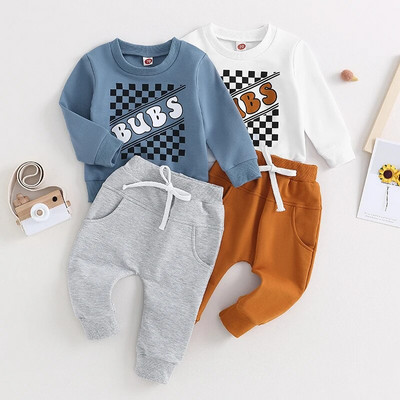 Fashion Kids Baby Boys Ανοιξιάτικα φθινοπωρινά σετ ρούχων Επιστολή καρό συνονθύλευμα στάμπα μακρυμάνικο φούτερ Φούτερ παντελόνια αθλητικές φόρμες