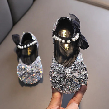 Ανοιξιάτικα Παιδικά Glitter Pearl Flat Princess Παπούτσια για κορίτσια Δαντέλα Φιόγκος Γαμήλια Δερμάτινα Παπούτσια Παιδικά Παπούτσια χορού με μαλακό κάτω μέρος