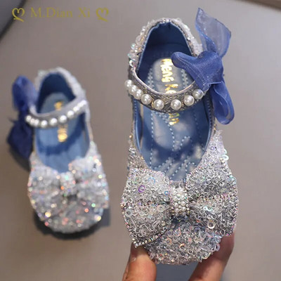 Spring Kids Glitter Pearl Flat Princess Shoes Girls Lace Bow Wedding Leather Shoes Children Soft Bottom Dance Performance Shoes