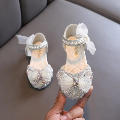 Kevadised laste säravad pärlivärvi lamedad printsesskingad Tüdrukute pitsist vibu pulmade nahast kingad Laste pehme põhjaga tantsukingad