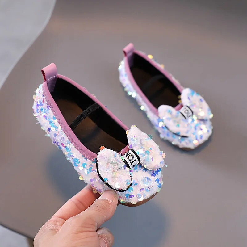 Bērnu ādas apavi ar fliteriem Meitenēm Sweet Bowtie Princess Shoes Fashion Neslīdoši plakanie bērnu apavi ar mīkstu apakšu