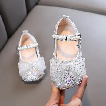 Детски есенни 2023 г. Модни бебешки момичета Единични обувки с кристали на принцеса Детски мрежести кожени обувки с лък Обувки за танцови представления