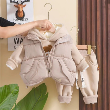 Ново зимно бебешко памучно палто с качулка, комплект с дълъг ръкав за момчета и момичета, жилетка с кадифе и удебелен ежедневен комплект от три части