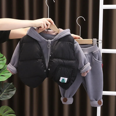 Naujas žieminis medvilninio palto komplektas su gobtuvu ilgomis rankovėmis berniukų ir mergaičių liemenėms su aksominiu ir pastorintu kasdieniu trijų dalių rinkiniu