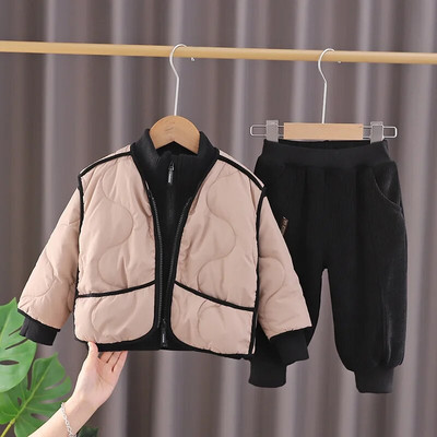 Naujas žieminis medvilninio palto komplektas su gobtuvu ilgomis rankovėmis berniukų ir mergaičių liemenėms su aksominiu ir pastorintu kasdieniu trijų dalių rinkiniu