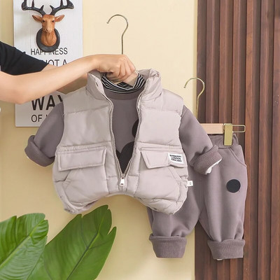 Naujas žieminis medvilninio palto komplektas su gobtuvu ilgomis rankovėmis berniukų ir mergaičių liemenėms su aksominiu ir pastorintu kasdieniu trijų dalių rinkiniu