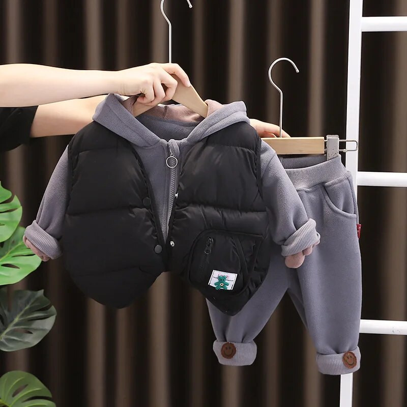 Naujas žieminis medvilninio palto komplektas su gobtuvu ilgomis rankovėmis berniukų ir mergaičių liemenėms su aksominiu ir pastorintu kasdieniu trijų dalių rinkiniu