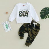ma&baby Seturi de haine pentru bebeluși pentru bebeluși 0-3 ani, cu mâneci lungi, camuflaj, imprimeu cu litere, Top + pantaloni, ținute de primăvară, toamnă d05