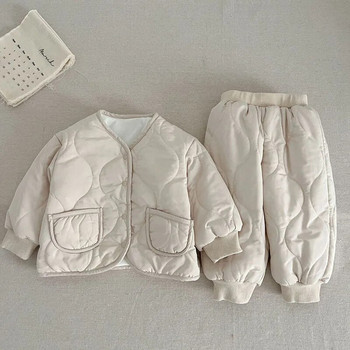 Зимен комплект дрехи за бебета, момчета, момичета, едноцветно удебелено яке с дълги ръкави и панталони, топъл костюм за новородени бебета