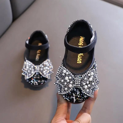 Rudens meitenes Ādas kurpes Princess Square Rhinestone Bow Single Shoes Mode Bērnu Performance Kāzu Apavi G14