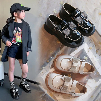 Детски кожени обувки за малки деца Момичета Парти обувки Детски мокасини 2024 г. Нова мода Блестящи обувки на принцеса с бантик Размер 26-33