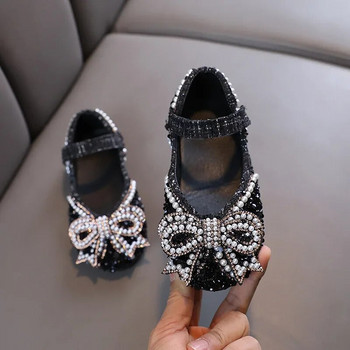 Обувки за момичета Bling Единични обувки за сценично представяне Mary Janes Bow Crystal Glitter Wedding Flat Dance Party Кожени обувки Нови