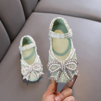 Обувки за момичета Bling Единични обувки за сценично представяне Mary Janes Bow Crystal Glitter Wedding Flat Dance Party Кожени обувки Нови