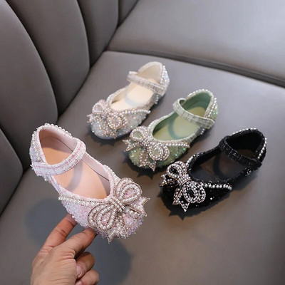 Обувки за момичета Bling Единични обувки за сценично представяне Mary Janes Bow Crystal Glitter Wedding Flat Dance Party Кожени обувки Нови