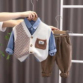 Φθινοπωρινή Boutique Παιδικά Ρούχα Βρεφικά ρούχα 9 έως 12 μηνών Πλεκτό αμάνικο γιλέκο + τζιν πουκάμισα + παντελόνι 3 τμχ Σετ για αγόρια