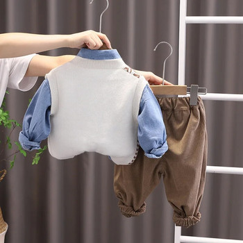 Φθινοπωρινή Boutique Παιδικά Ρούχα Βρεφικά ρούχα 9 έως 12 μηνών Πλεκτό αμάνικο γιλέκο + τζιν πουκάμισα + παντελόνι 3 τμχ Σετ για αγόρια